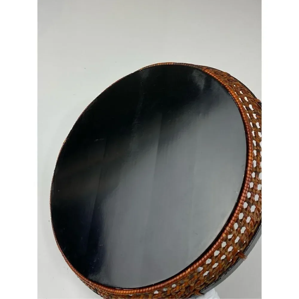 Vintage Japanese Lacquered Hand Painted Wooden Tray with Wicker Sides DR1647